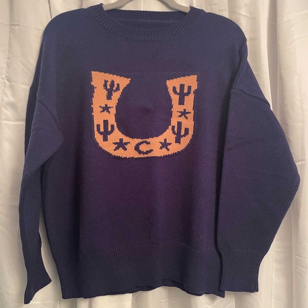 Navy Blue and Tan Western Horseshoe Sweater NWOT
